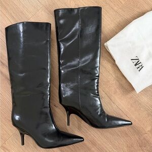 Zara Black Kitten Heel Faux Leather Knee-High Boots